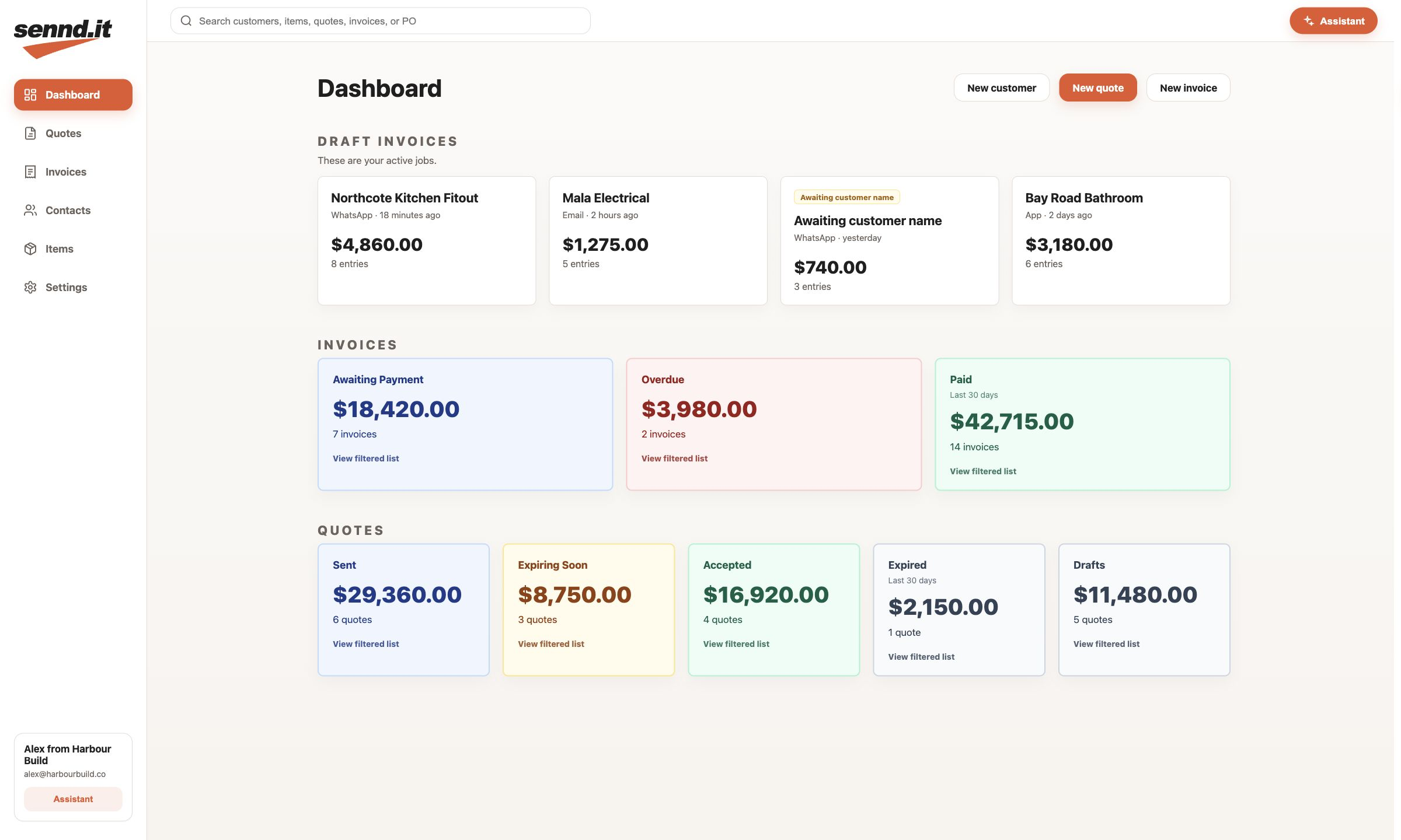 The sennd.it dashboard showing draft invoices and tiles for invoices awaiting payment, overdue and paid, plus quotes that are sent, expiring soon, accepted and expired.